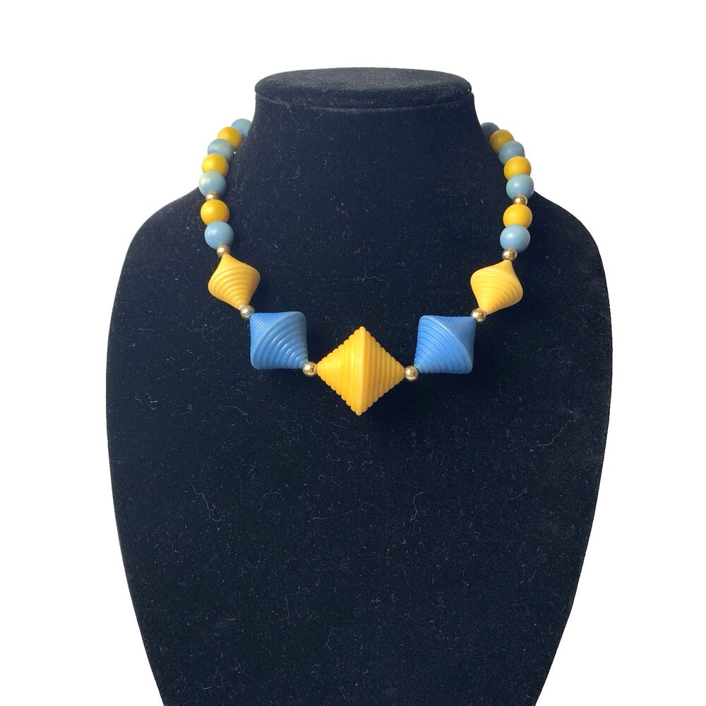 Vintage 60s Blue Yellow Geometric Bead Necklace Mid Century Mod 18"